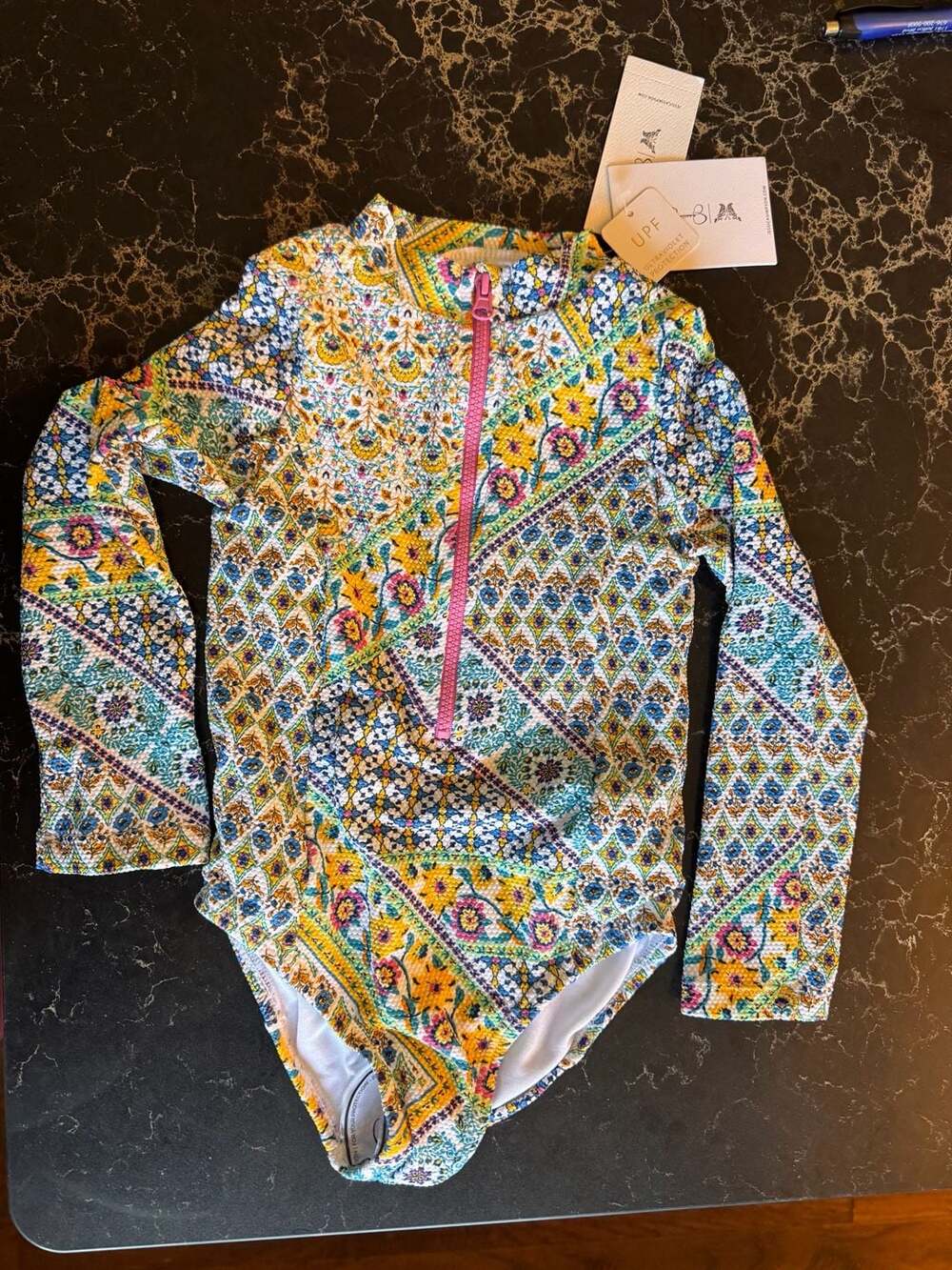 Jessica Simpson Toddler Girl Long-Sleeve Boho Tile Surfsuit Zip Rash Guard Swims